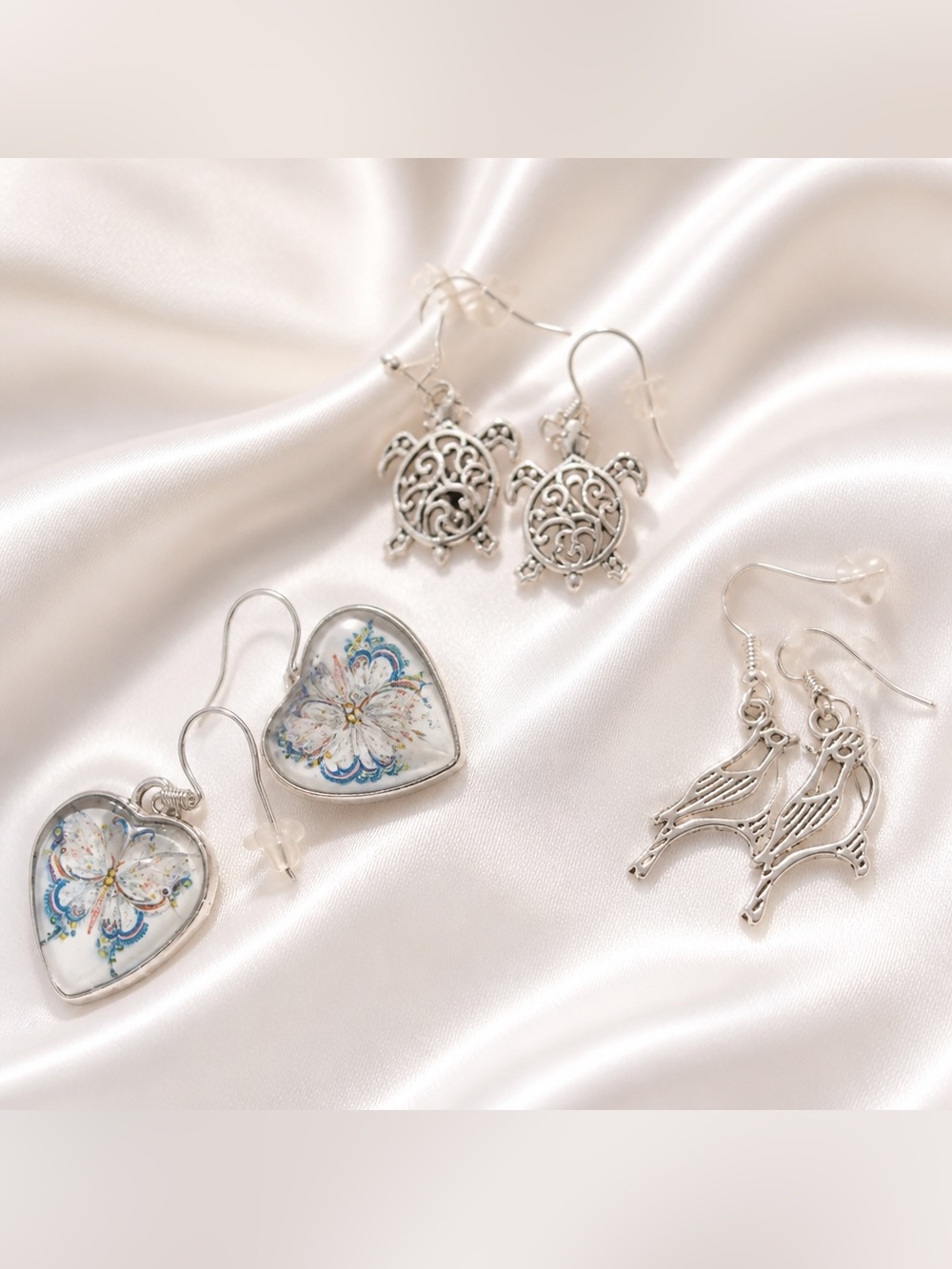 3 for 1 price - Silver Floral Heart, Bird and Turtle Dangle Earrings - Silver